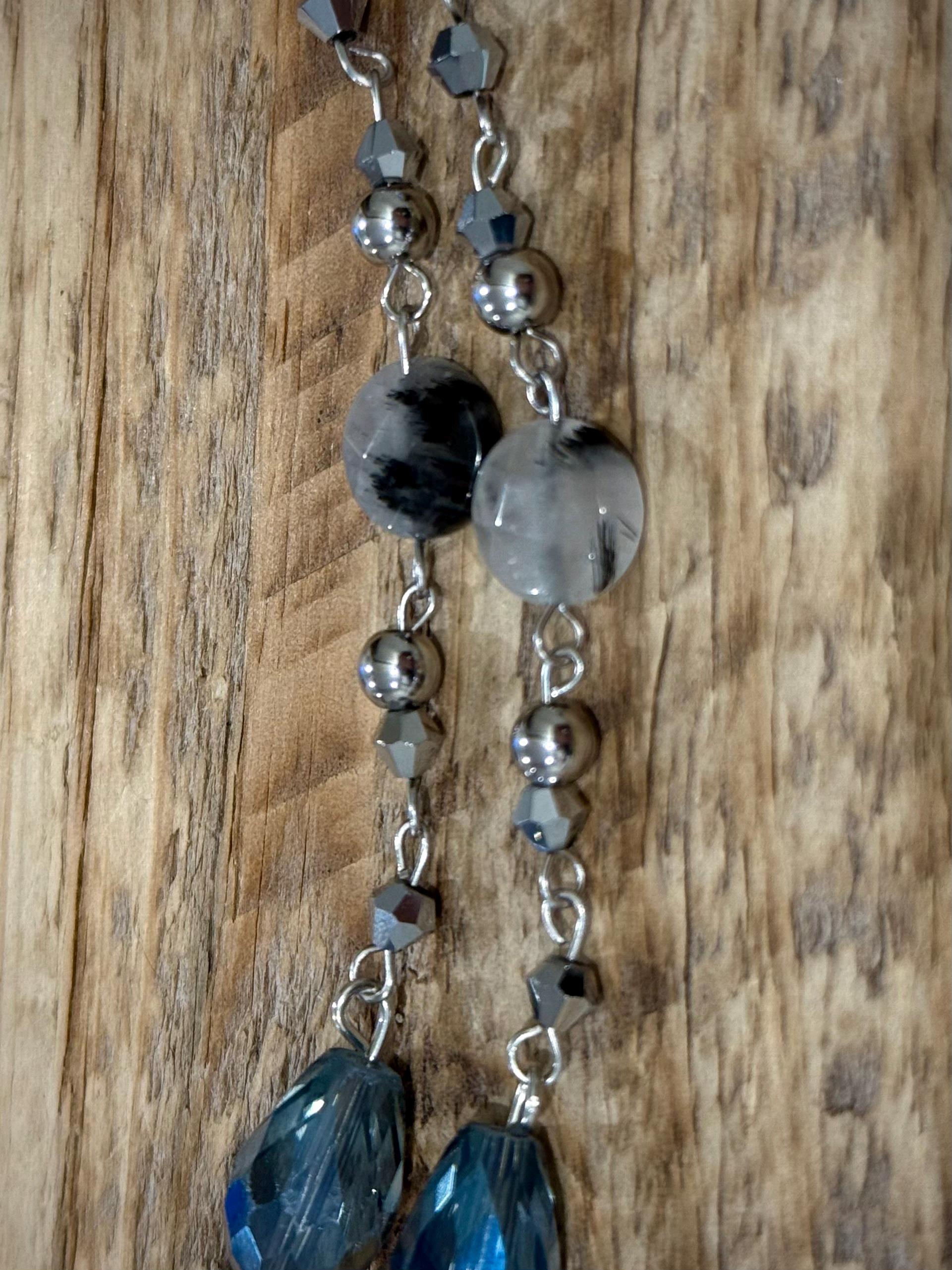 Steely Blue Rutilated Quartz Crystal Eyeglass Charms, Elegant Beaded Accessory for Reading Glasses