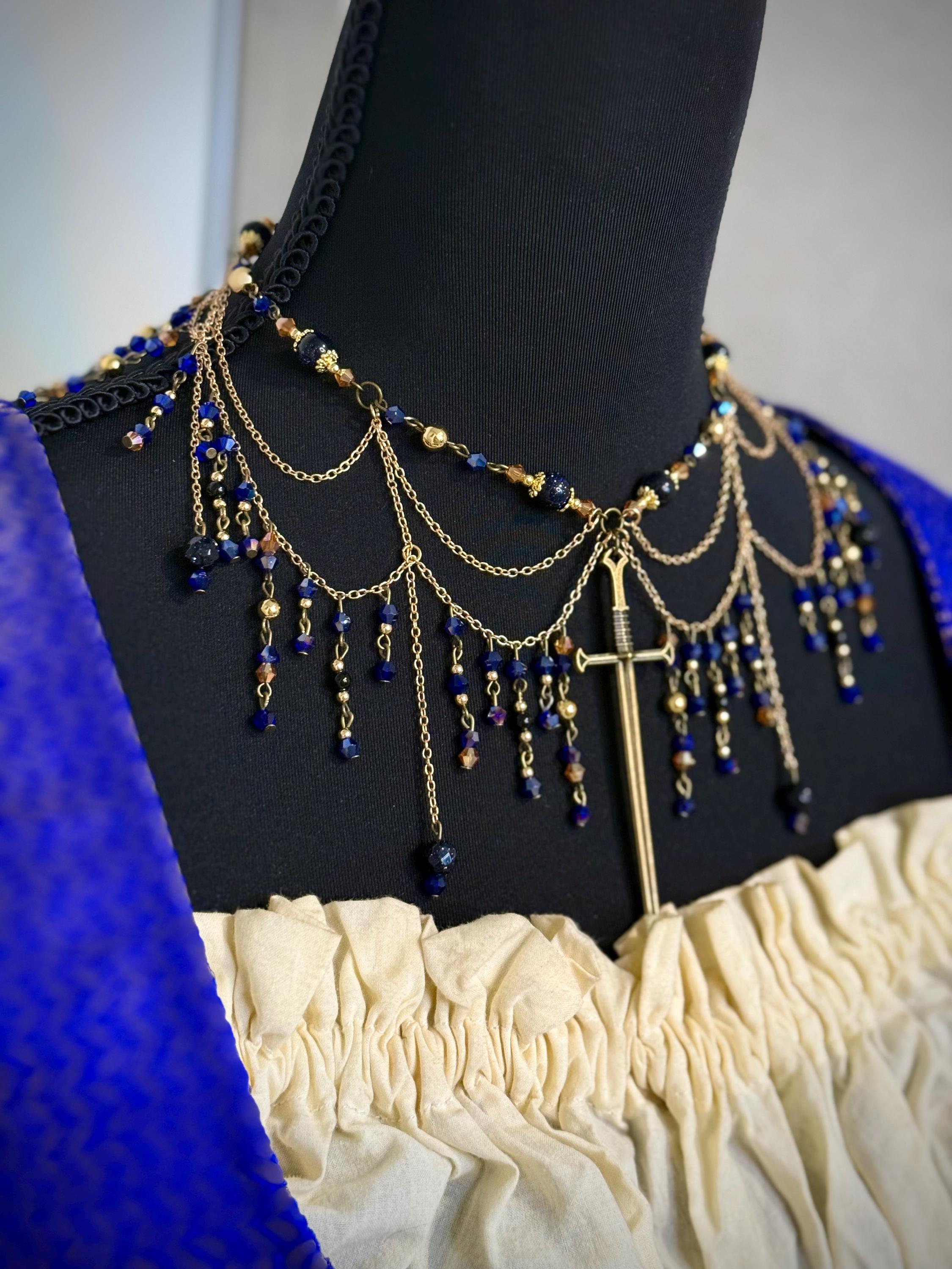 Serene Knight Blue Goldstone and Onyx Necklace, Handcrafted Jewelry For Elegant Gift