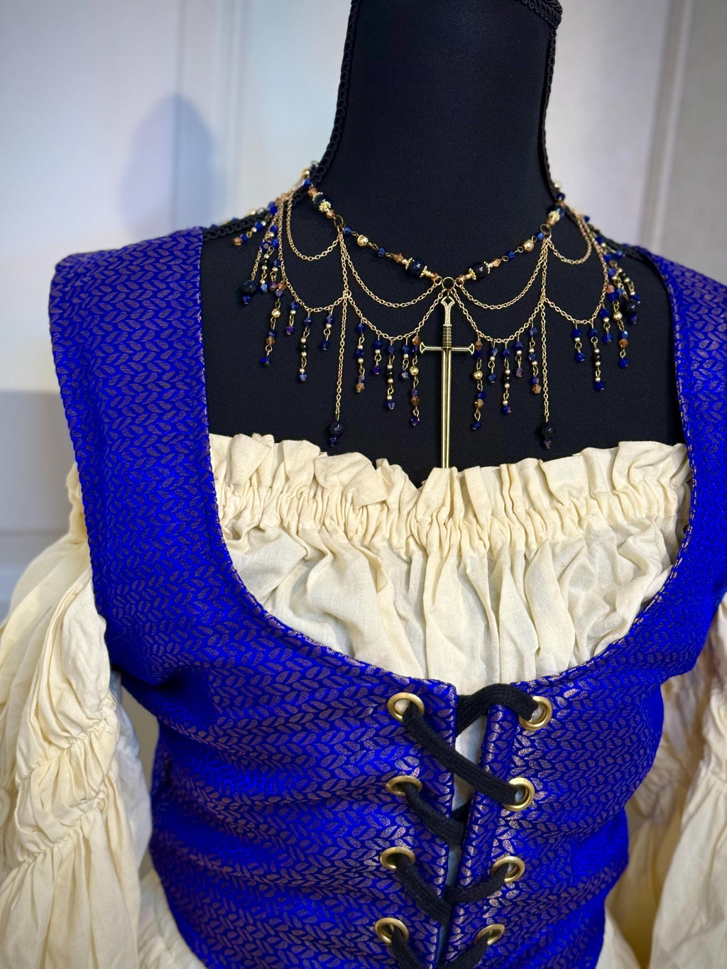 Serene Knight Blue Goldstone and Onyx Necklace, Handcrafted Jewelry For Elegant Gift