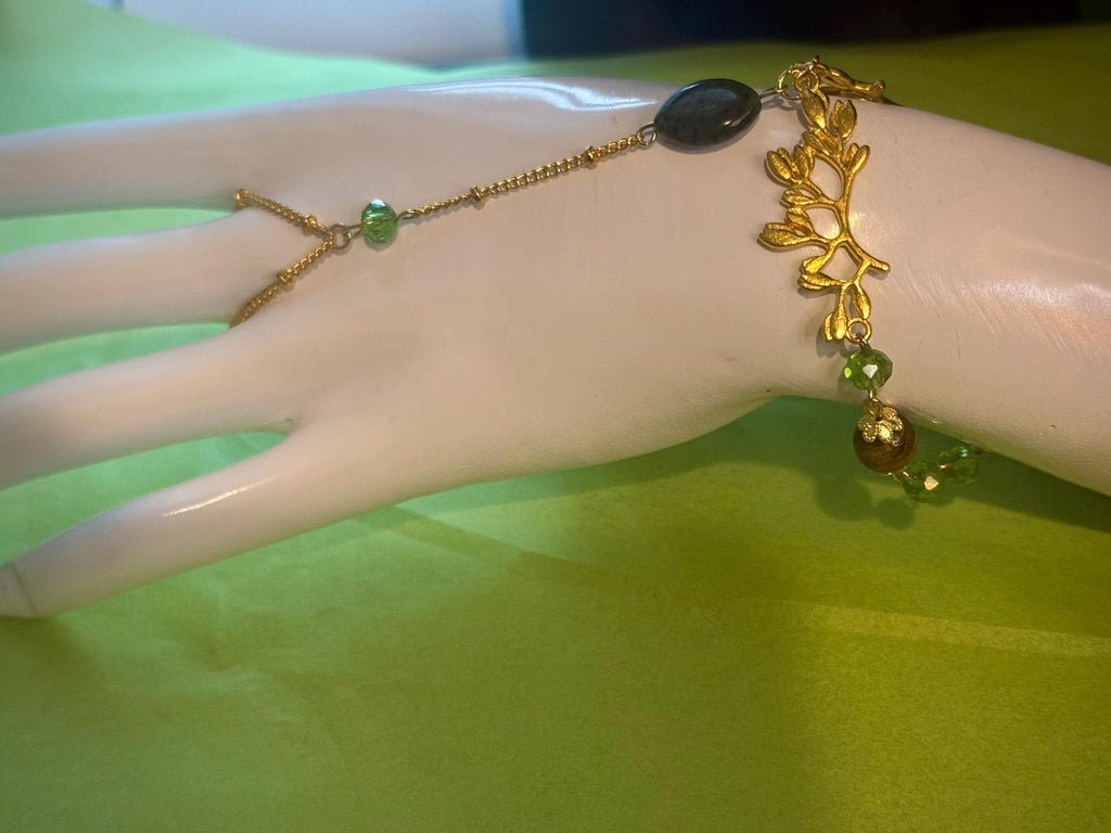 Forest Nymph Tiger Eyes and Serpentine Hand Chain, Mystical Hand Accessory