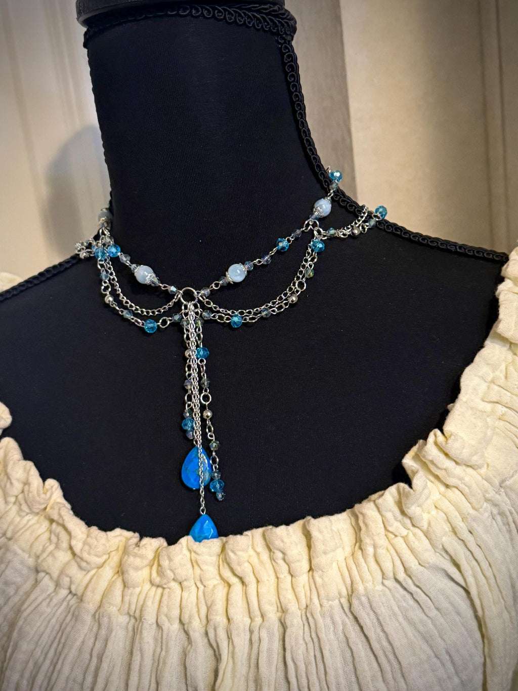 Rainfall Aquamarine and Howlite Crystal Necklace, Handmade Crystal Choker for all Fantasy Lovers