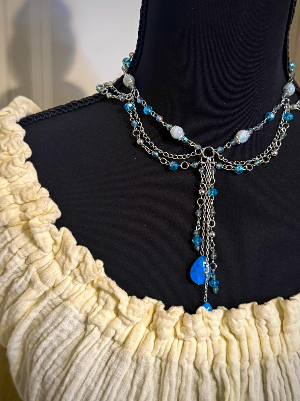 Rainfall Aquamarine and Howlite Crystal Necklace, Handmade Crystal Choker for all Fantasy Lovers