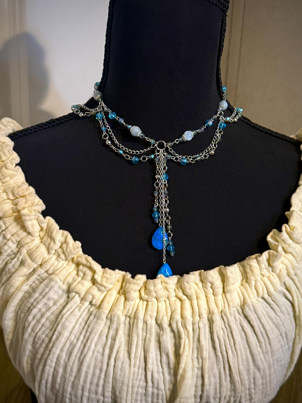 Rainfall Aquamarine and Howlite Crystal Necklace, Handmade Crystal Choker for all Fantasy Lovers