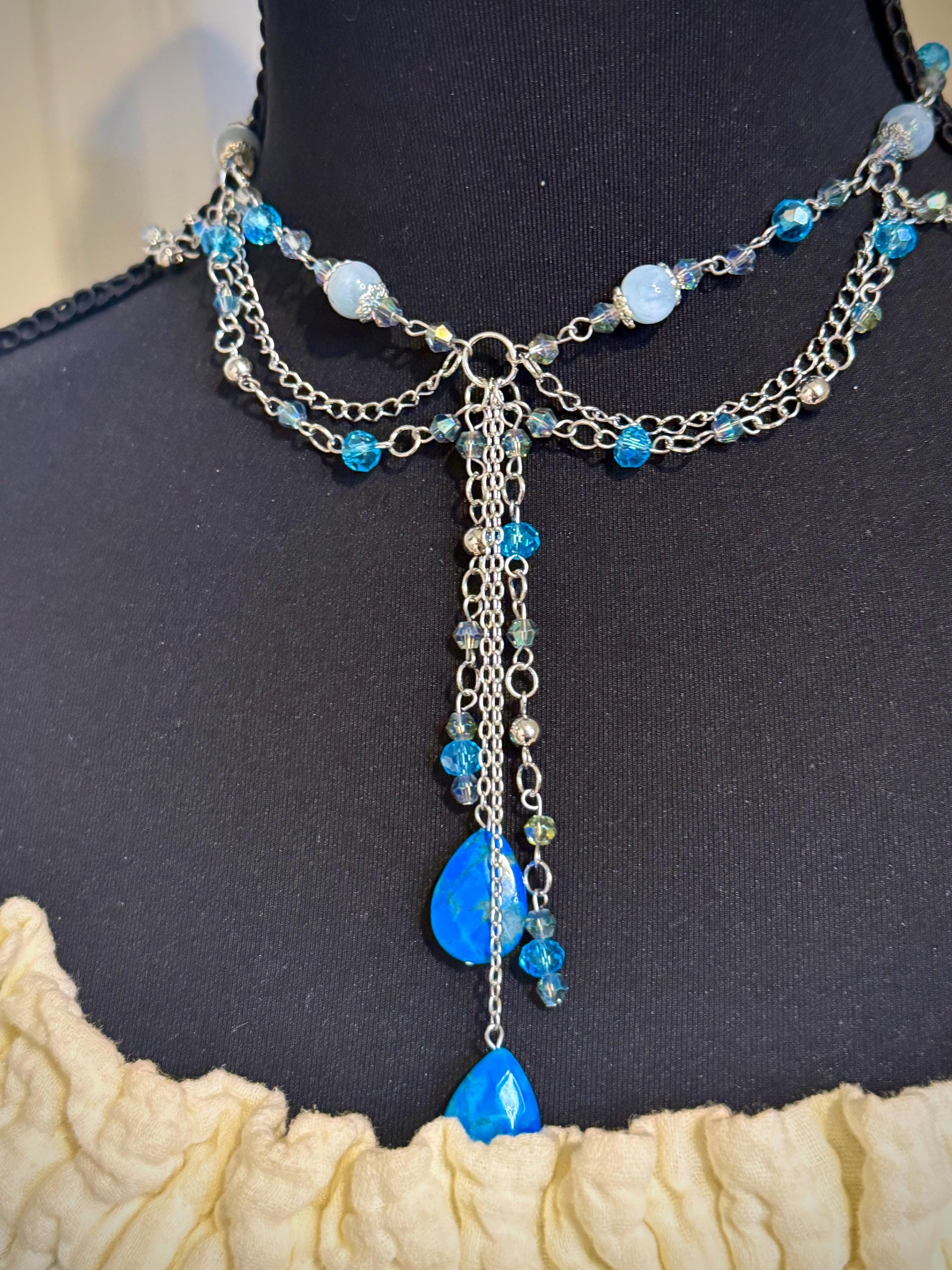 Rainfall Aquamarine and Howlite Crystal Necklace, Handmade Crystal Choker for all Fantasy Lovers