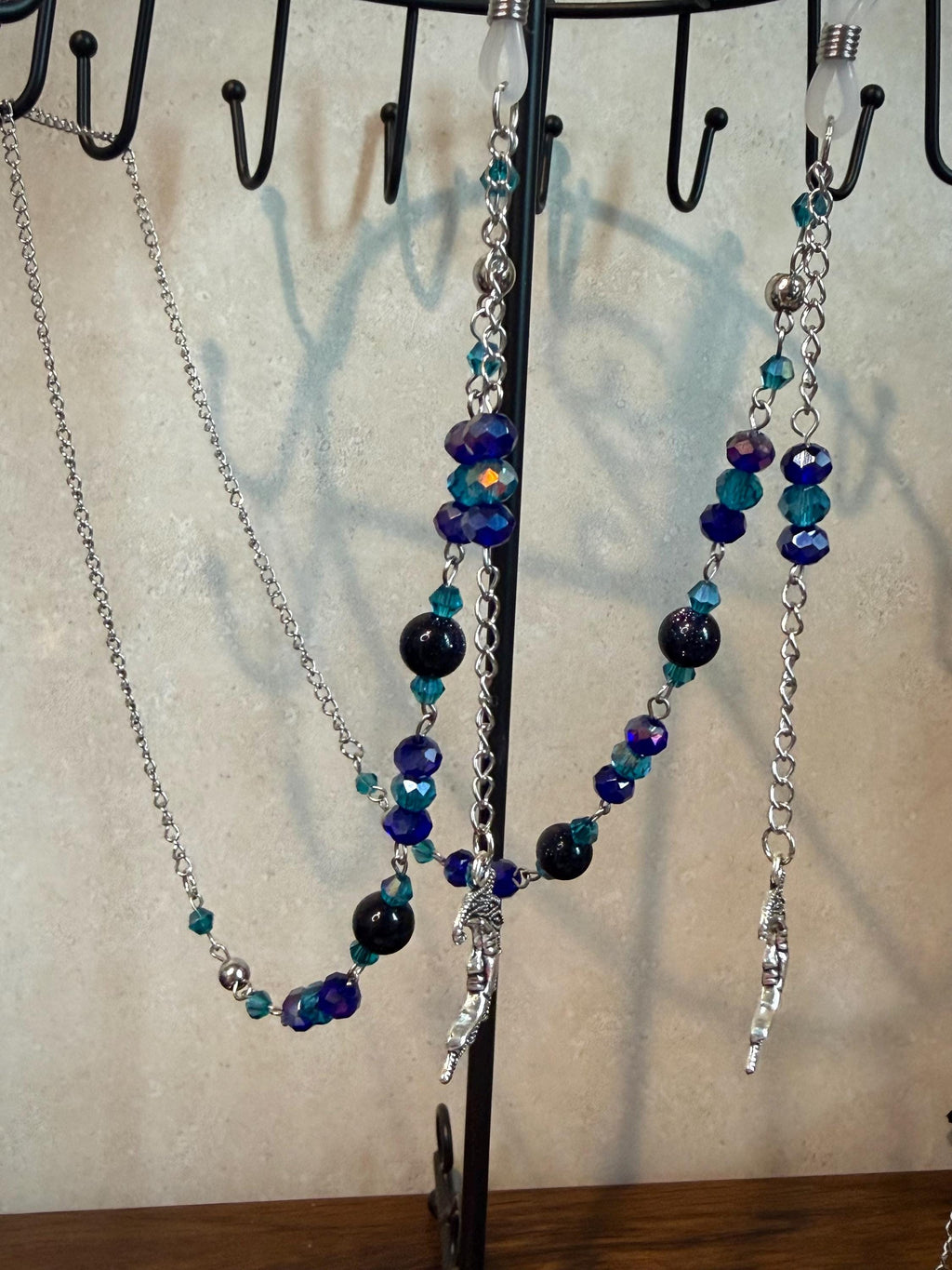 Blue Goldstone Crystal Beaded Eyeglass Chain, Handcrafted Elegant Accessory for Reading Glasses