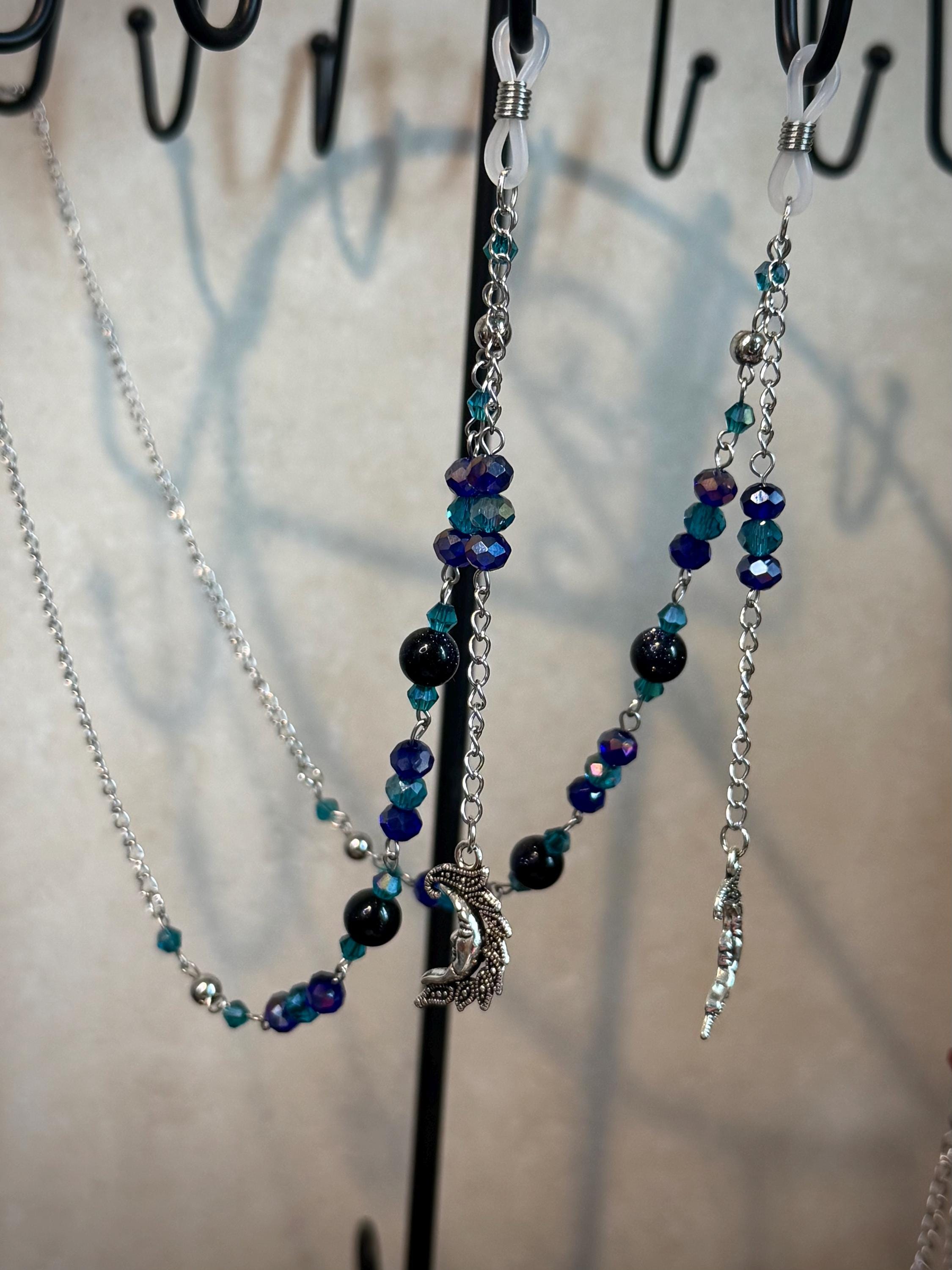 Blue Goldstone Crystal Beaded Eyeglass Chain, Handcrafted Elegant Accessory for Reading Glasses