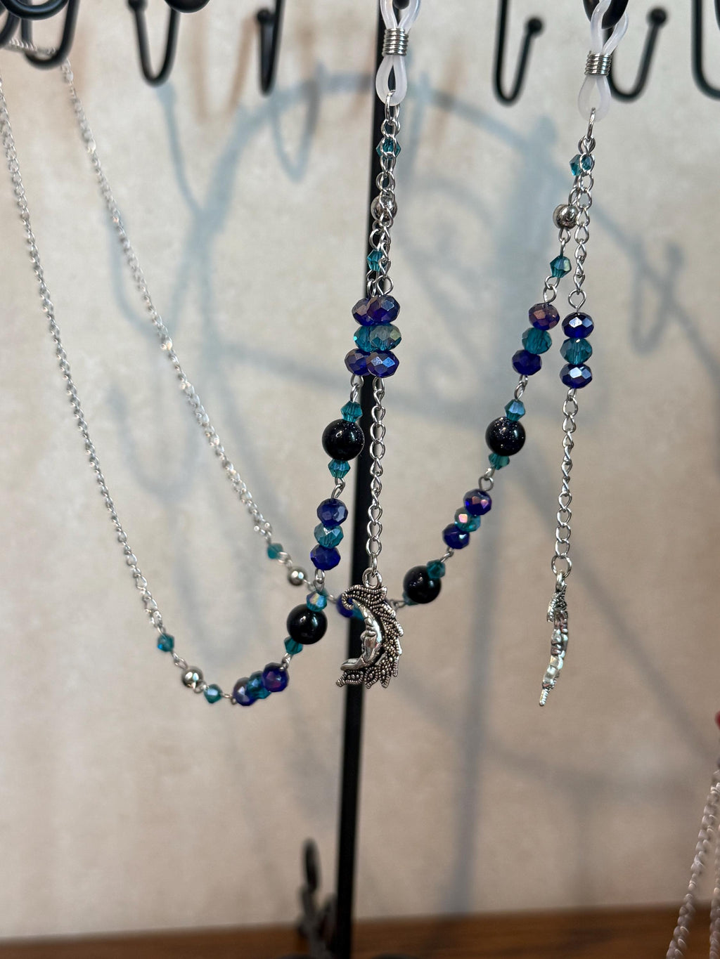 Blue Goldstone Crystal Beaded Eyeglass Chain, Handcrafted Elegant Accessory for Reading Glasses