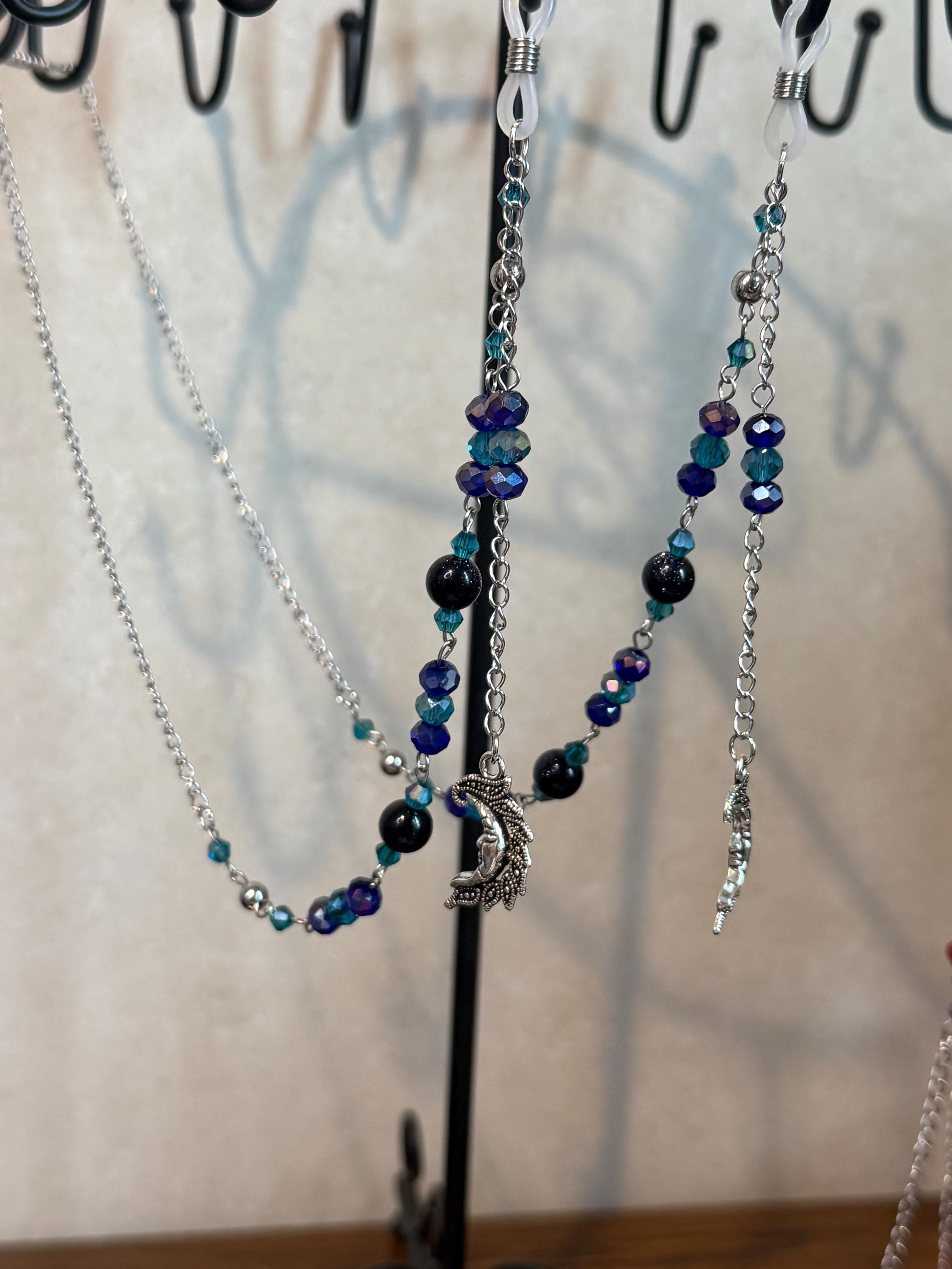 Blue Goldstone Crystal Beaded Eyeglass Chain, Handcrafted Elegant Accessory for Reading Glasses