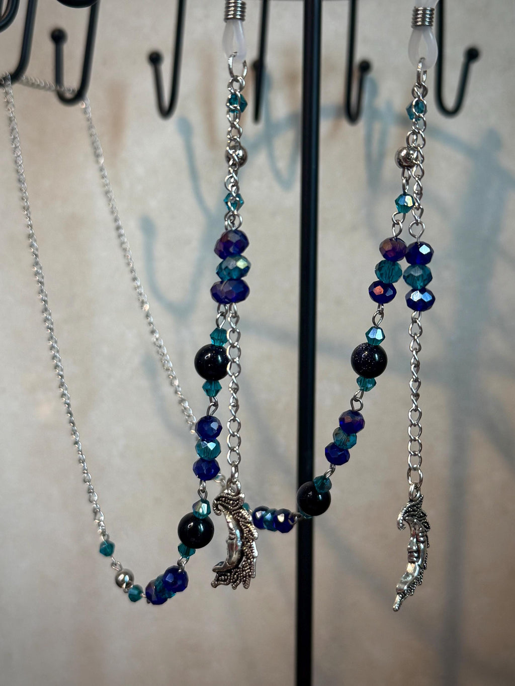 Blue Goldstone Crystal Beaded Eyeglass Chain, Handcrafted Elegant Accessory for Reading Glasses