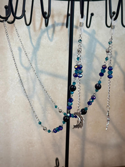 Blue Goldstone Crystal Beaded Eyeglass Chain, Handcrafted Elegant Accessory for Reading Glasses