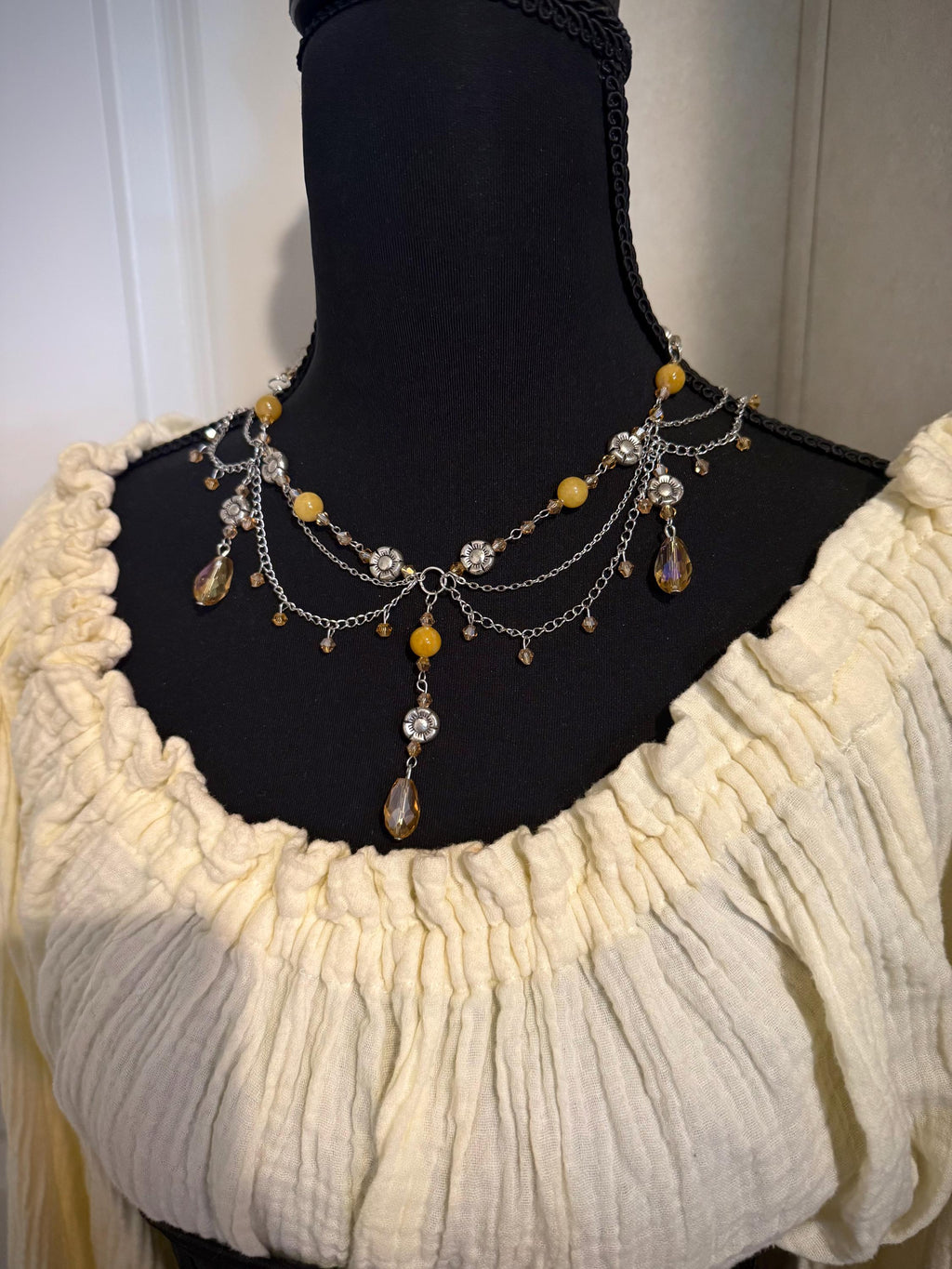 Gathering Sunflowers Yellow Jade Crystal Necklace, Handmade Necklace for all Fantasy Lovers